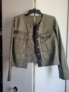Free People Collarless Army Green Jacket Artfully Distressed